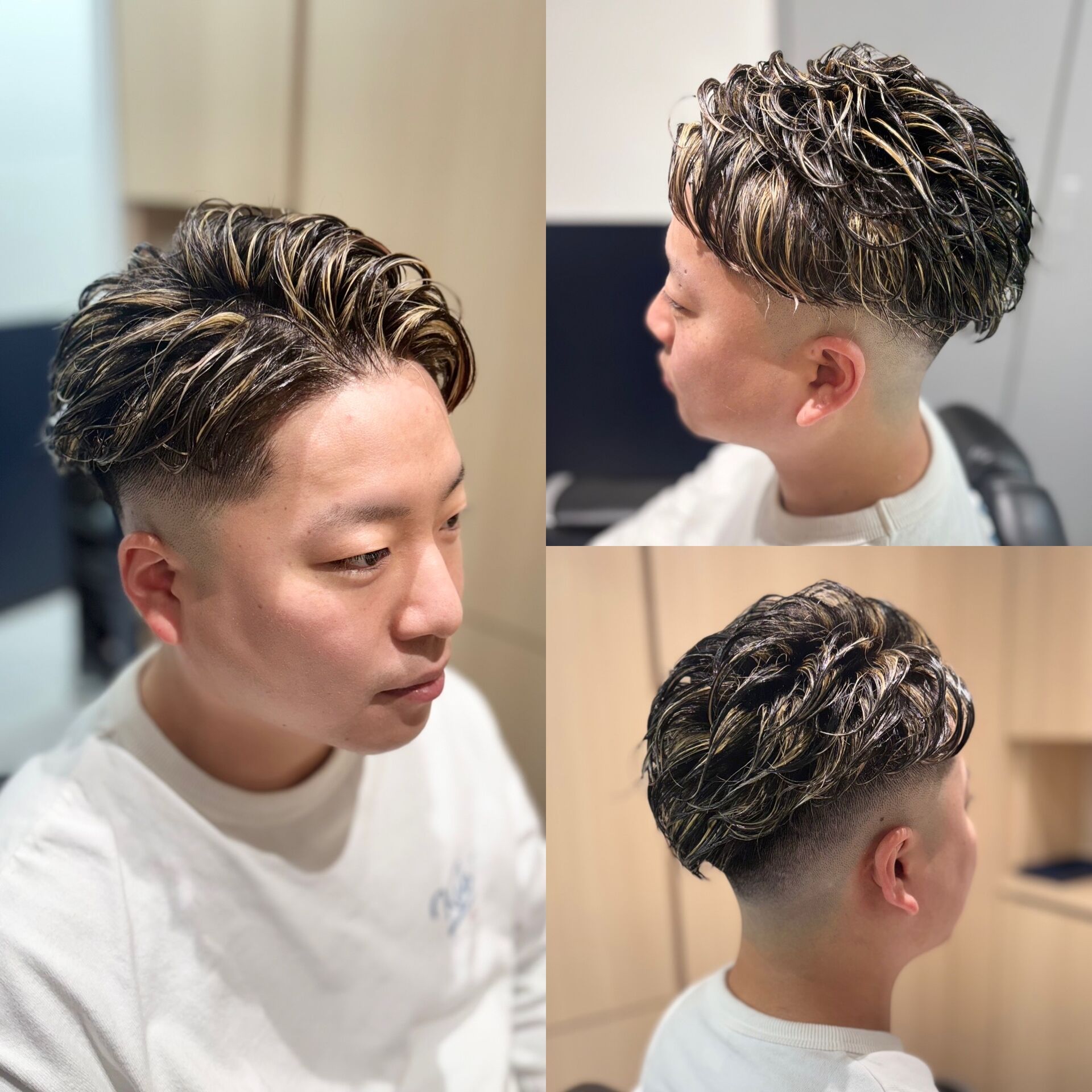 スキンフェード×メッシュ×かきあげスパイラルパーマ
